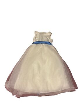 David's Bridal Ivory and Blue Satin Sash Flower Girl Dress
